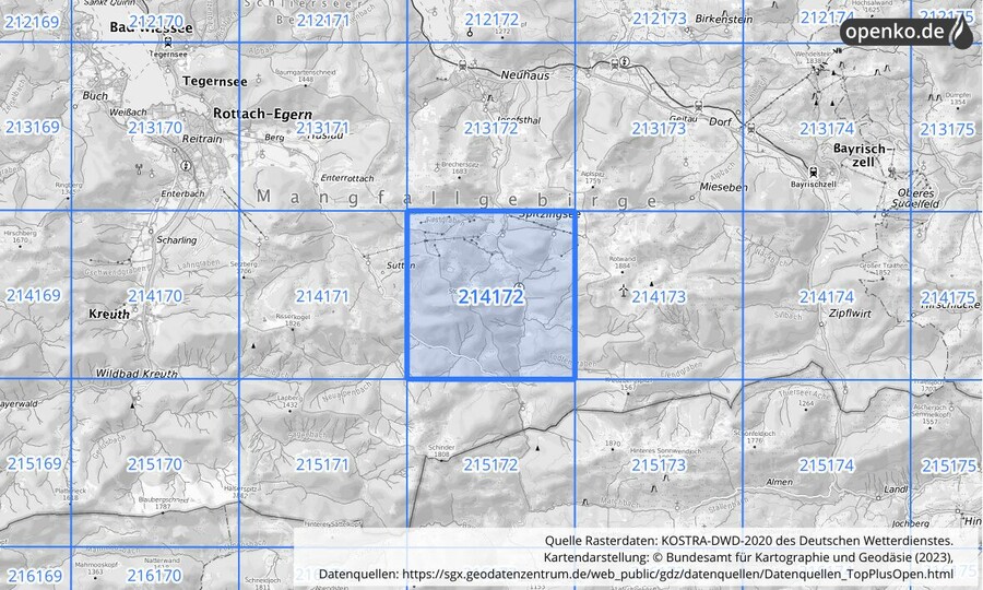 Übersichtskarte des KOSTRA-DWD-2020-Rasterfeldes Nr. 214172