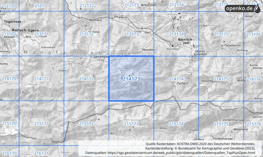 Übersichtskarte des KOSTRA-DWD-2020-Rasterfeldes Nr. 214173