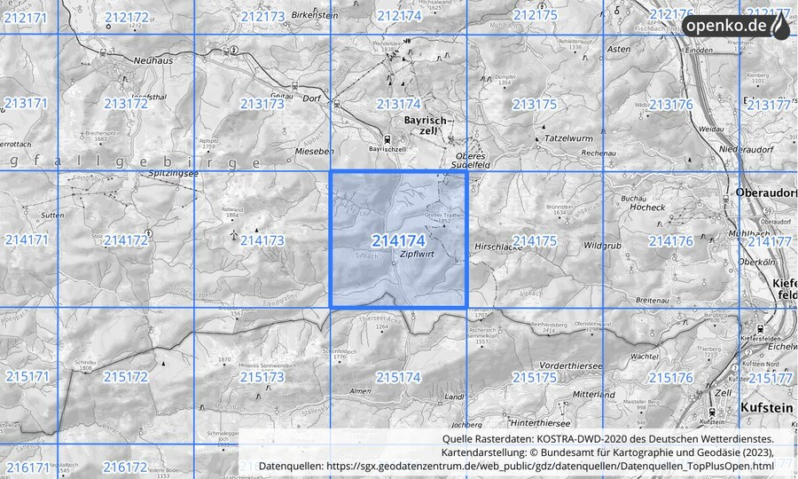 Übersichtskarte des KOSTRA-DWD-2020-Rasterfeldes Nr. 214174