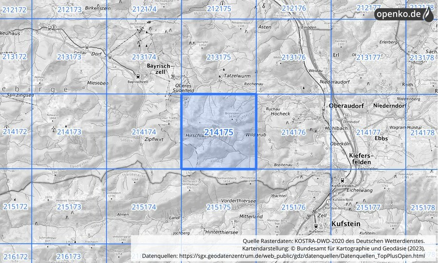 Übersichtskarte des KOSTRA-DWD-2020-Rasterfeldes Nr. 214175