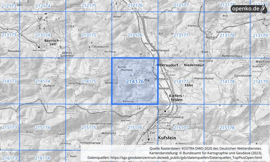 Übersichtskarte des KOSTRA-DWD-2020-Rasterfeldes Nr. 214176