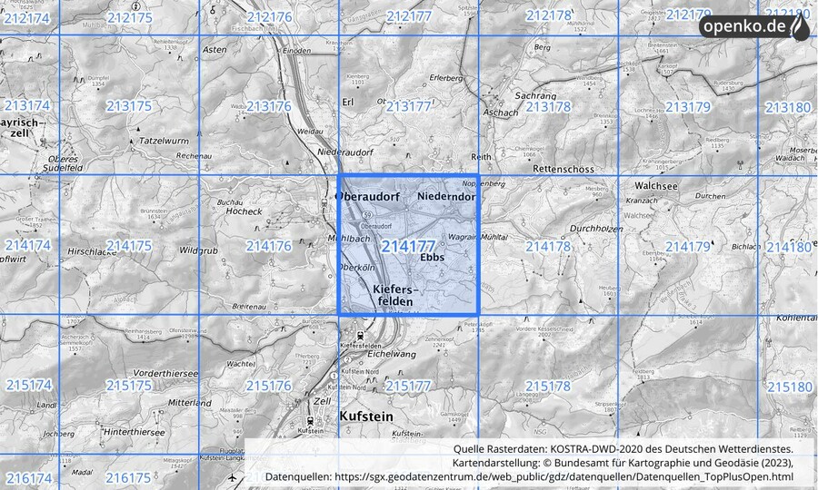 Übersichtskarte des KOSTRA-DWD-2020-Rasterfeldes Nr. 214177