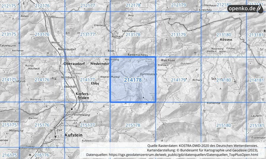 Übersichtskarte des KOSTRA-DWD-2020-Rasterfeldes Nr. 214178
