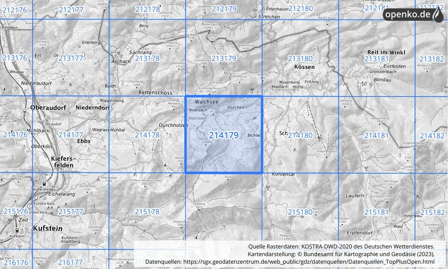 Übersichtskarte des KOSTRA-DWD-2020-Rasterfeldes Nr. 214179