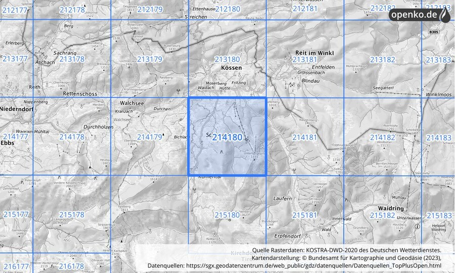 Übersichtskarte des KOSTRA-DWD-2020-Rasterfeldes Nr. 214180