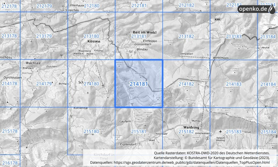 Übersichtskarte des KOSTRA-DWD-2020-Rasterfeldes Nr. 214181