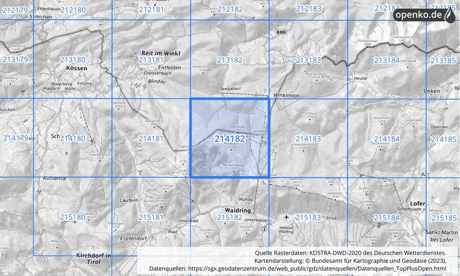 Übersichtskarte des KOSTRA-DWD-2020-Rasterfeldes Nr. 214182