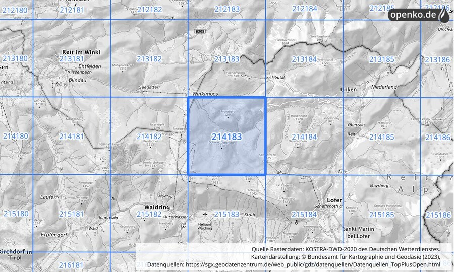 Übersichtskarte des KOSTRA-DWD-2020-Rasterfeldes Nr. 214183