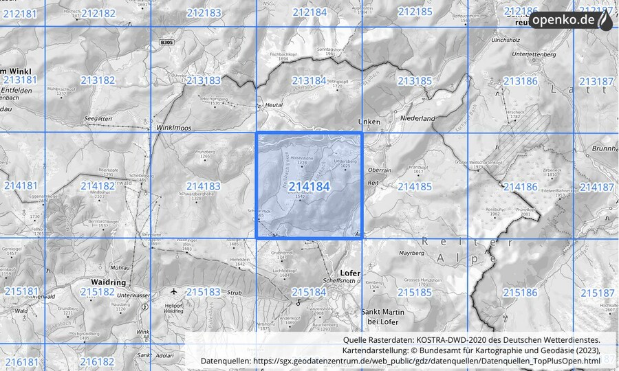 Übersichtskarte des KOSTRA-DWD-2020-Rasterfeldes Nr. 214184