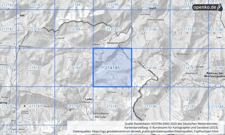 Übersichtskarte des KOSTRA-DWD-2020-Rasterfeldes Nr. 214185