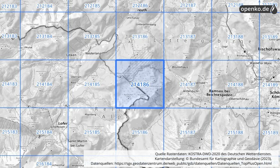 Übersichtskarte des KOSTRA-DWD-2020-Rasterfeldes Nr. 214186