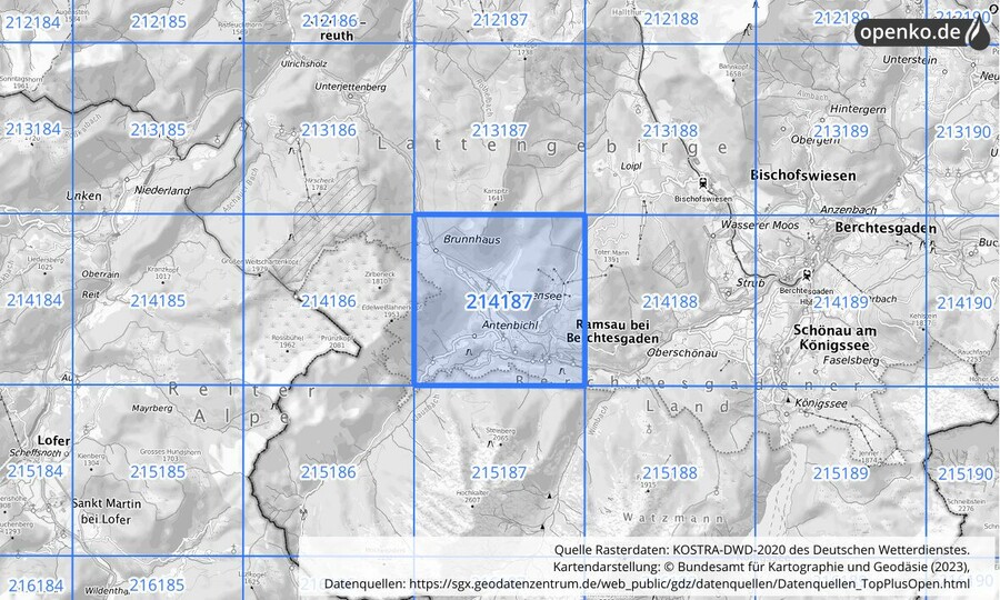 Übersichtskarte des KOSTRA-DWD-2020-Rasterfeldes Nr. 214187