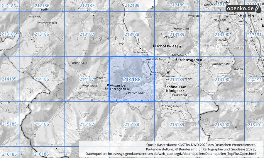 Übersichtskarte des KOSTRA-DWD-2020-Rasterfeldes Nr. 214188