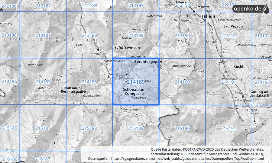 Übersichtskarte des KOSTRA-DWD-2020-Rasterfeldes Nr. 214189