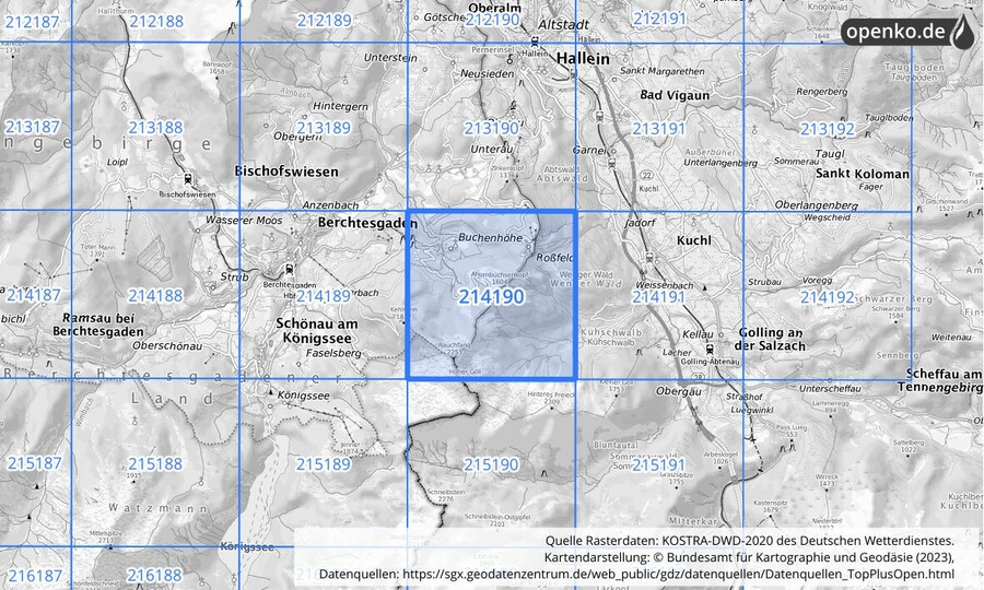 Übersichtskarte des KOSTRA-DWD-2020-Rasterfeldes Nr. 214190