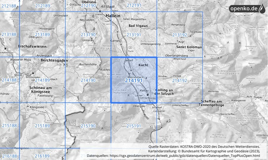 Übersichtskarte des KOSTRA-DWD-2020-Rasterfeldes Nr. 214191