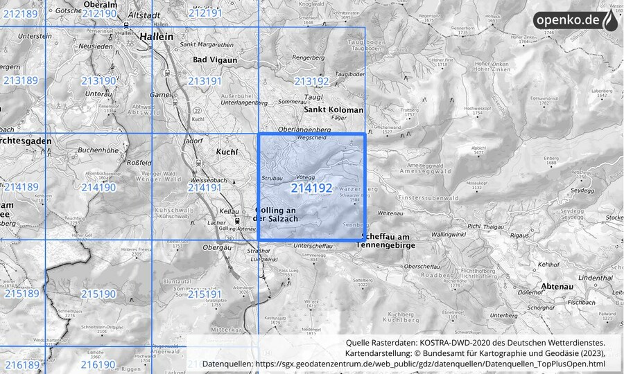 Übersichtskarte des KOSTRA-DWD-2020-Rasterfeldes Nr. 214192
