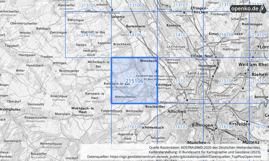 Übersichtskarte des KOSTRA-DWD-2020-Rasterfeldes Nr. 215106