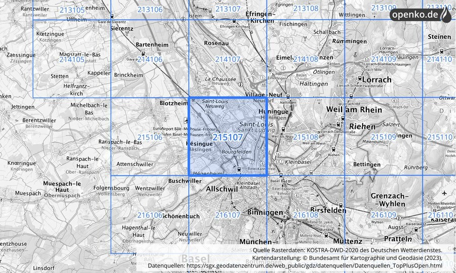 Übersichtskarte des KOSTRA-DWD-2020-Rasterfeldes Nr. 215107