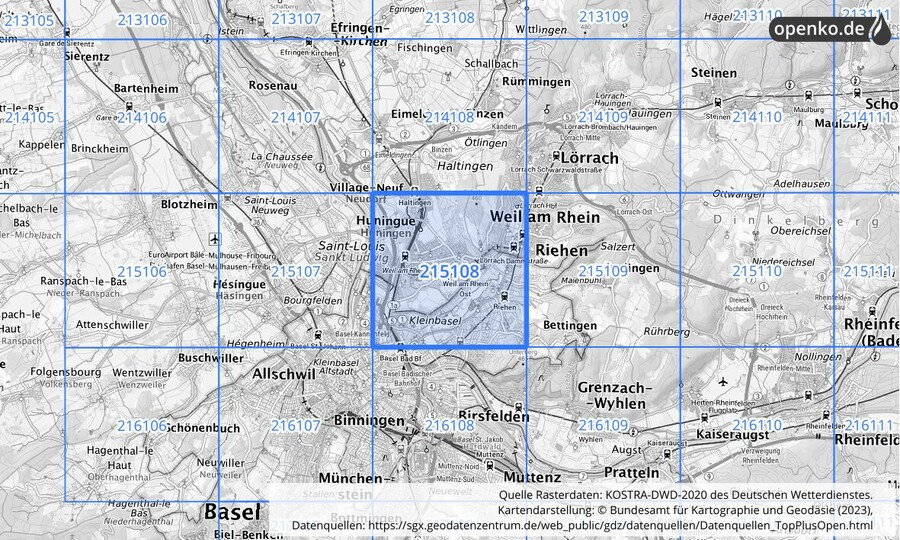 Übersichtskarte des KOSTRA-DWD-2020-Rasterfeldes Nr. 215108