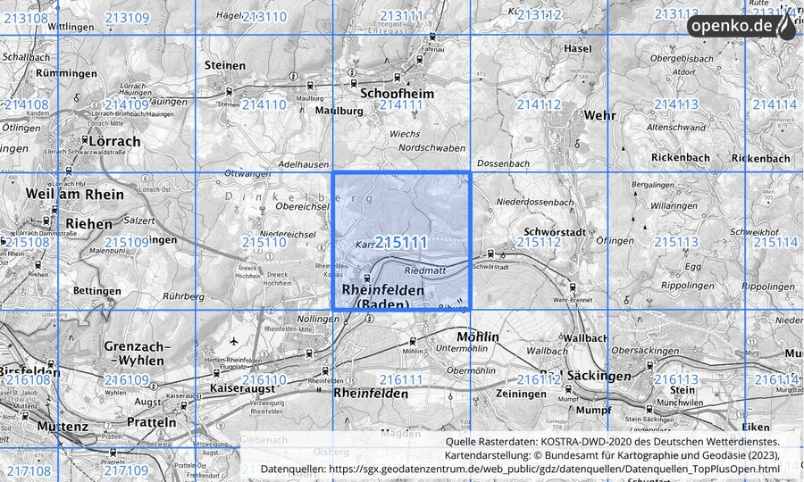 Übersichtskarte des KOSTRA-DWD-2020-Rasterfeldes Nr. 215111
