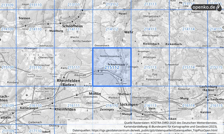 Übersichtskarte des KOSTRA-DWD-2020-Rasterfeldes Nr. 215112