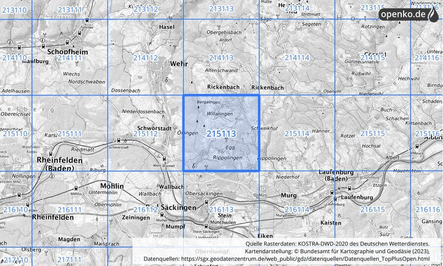 Übersichtskarte des KOSTRA-DWD-2020-Rasterfeldes Nr. 215113