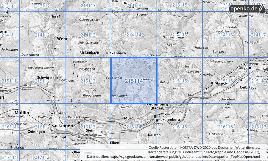 Übersichtskarte des KOSTRA-DWD-2020-Rasterfeldes Nr. 215114
