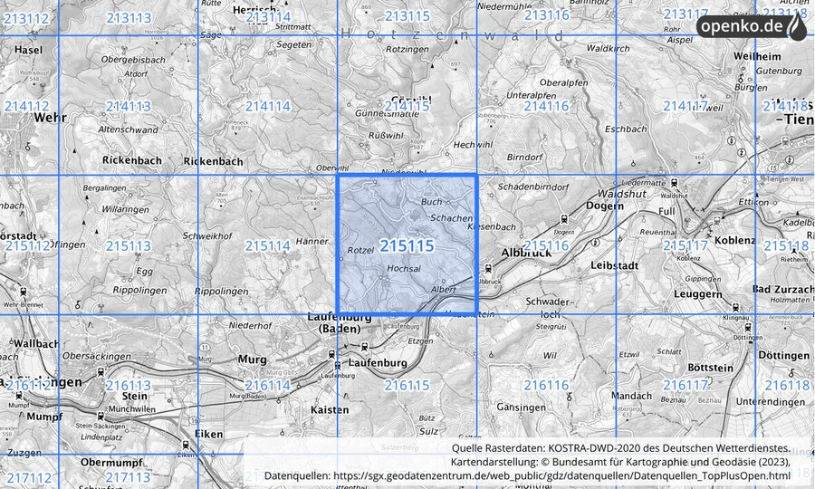 Übersichtskarte des KOSTRA-DWD-2020-Rasterfeldes Nr. 215115