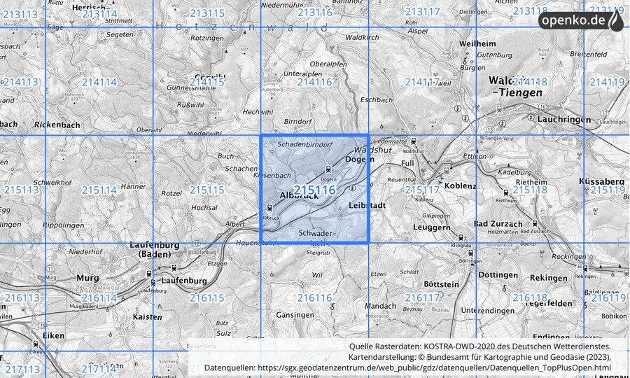 Übersichtskarte des KOSTRA-DWD-2020-Rasterfeldes Nr. 215116