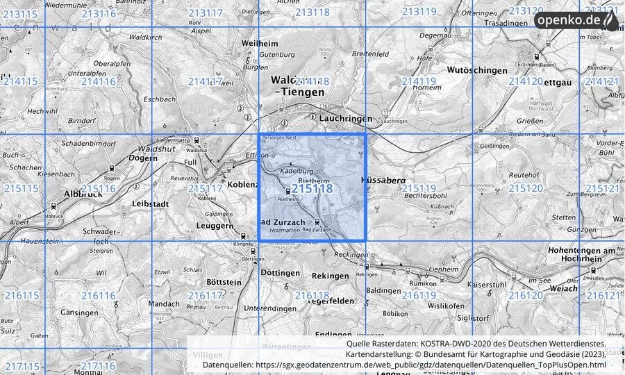 Übersichtskarte des KOSTRA-DWD-2020-Rasterfeldes Nr. 215118