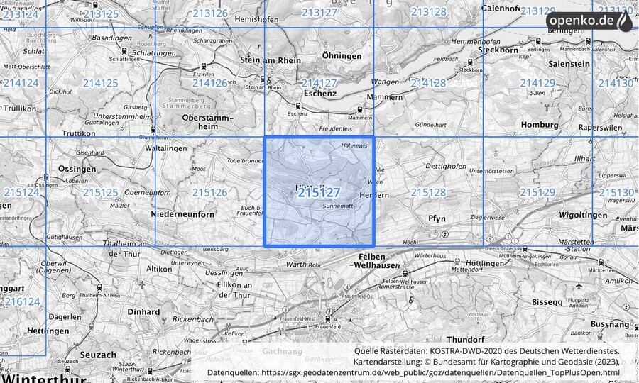 Übersichtskarte des KOSTRA-DWD-2020-Rasterfeldes Nr. 215127