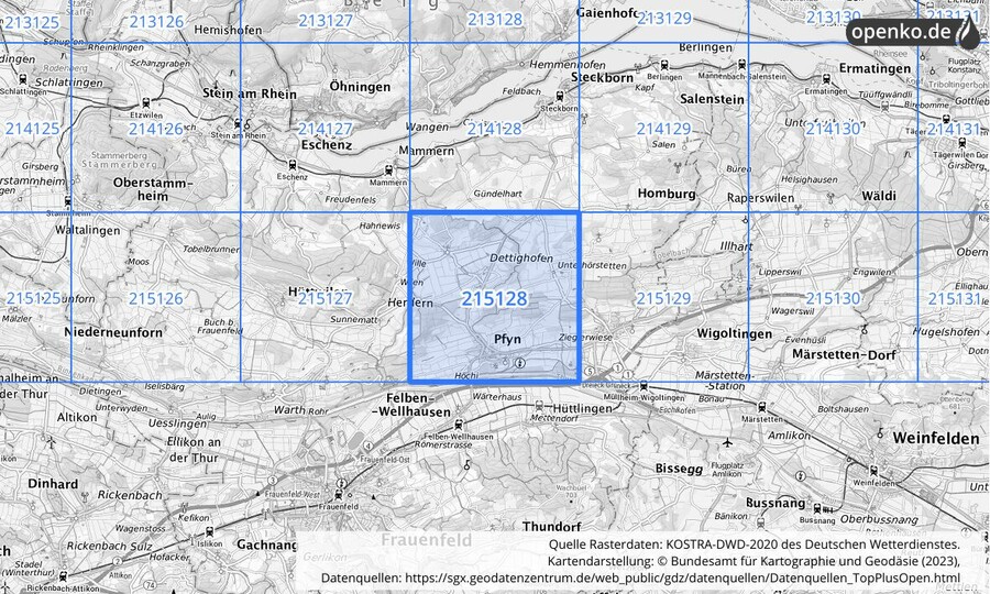 Übersichtskarte des KOSTRA-DWD-2020-Rasterfeldes Nr. 215128