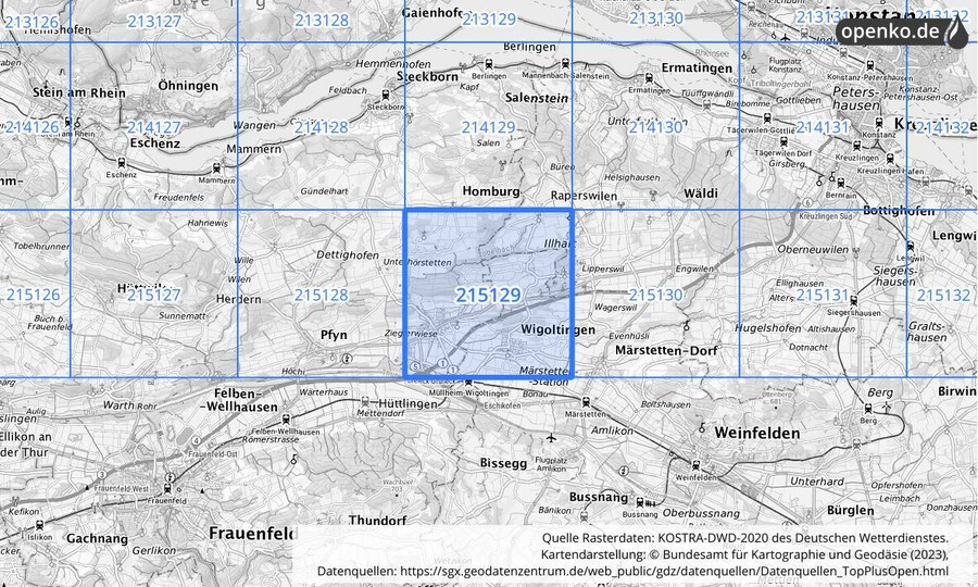 Übersichtskarte des KOSTRA-DWD-2020-Rasterfeldes Nr. 215129