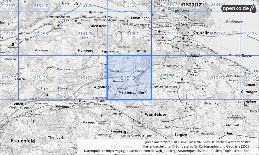 Übersichtskarte des KOSTRA-DWD-2020-Rasterfeldes Nr. 215130