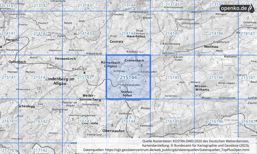 Übersichtskarte des KOSTRA-DWD-2020-Rasterfeldes Nr. 215144