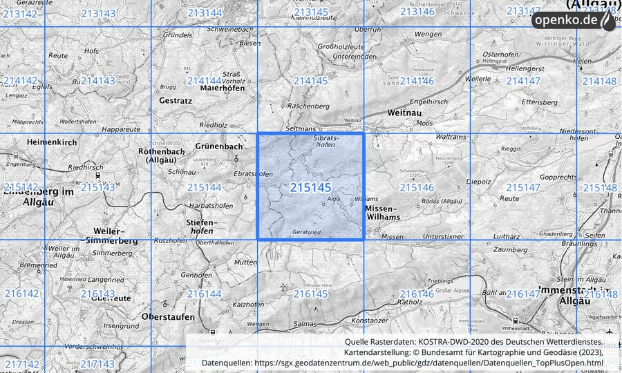 Übersichtskarte des KOSTRA-DWD-2020-Rasterfeldes Nr. 215145