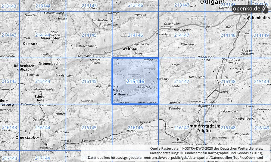 Übersichtskarte des KOSTRA-DWD-2020-Rasterfeldes Nr. 215146