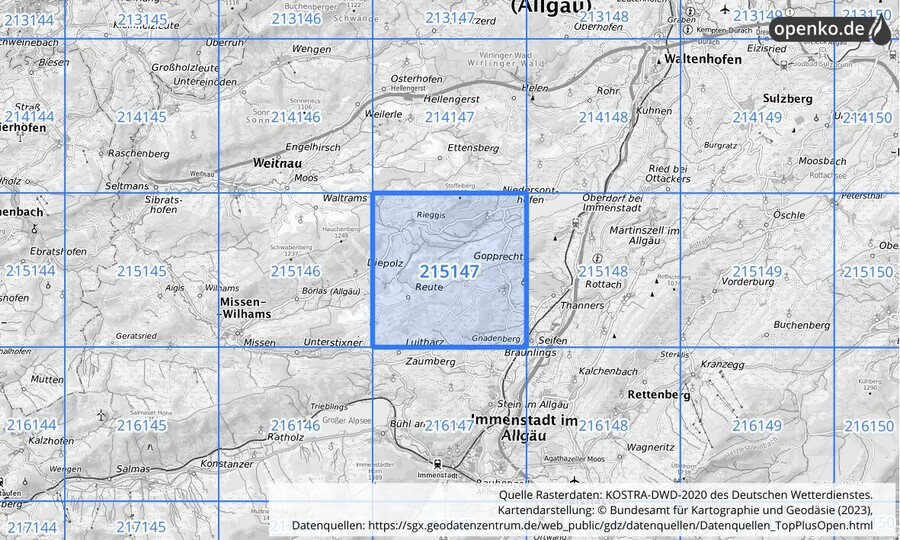 Übersichtskarte des KOSTRA-DWD-2020-Rasterfeldes Nr. 215147