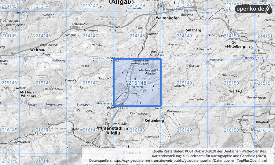 Übersichtskarte des KOSTRA-DWD-2020-Rasterfeldes Nr. 215148
