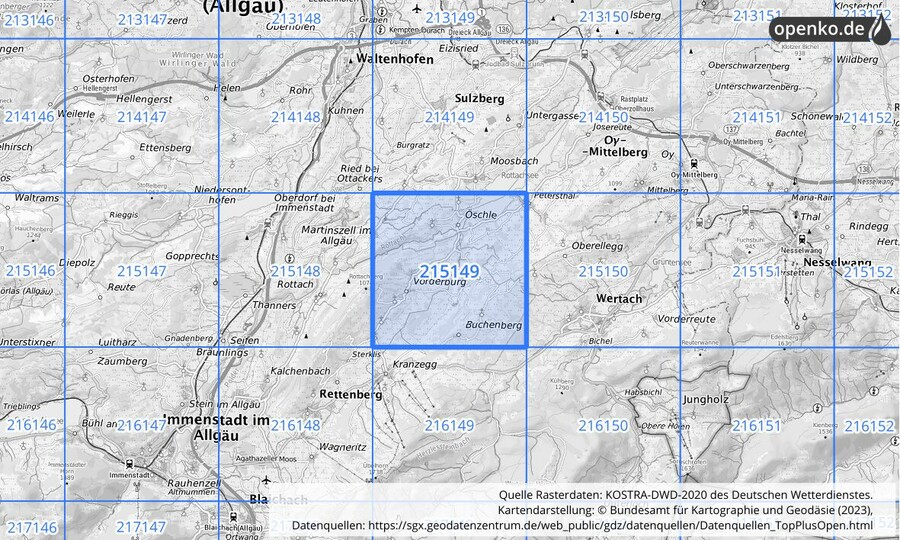 Übersichtskarte des KOSTRA-DWD-2020-Rasterfeldes Nr. 215149