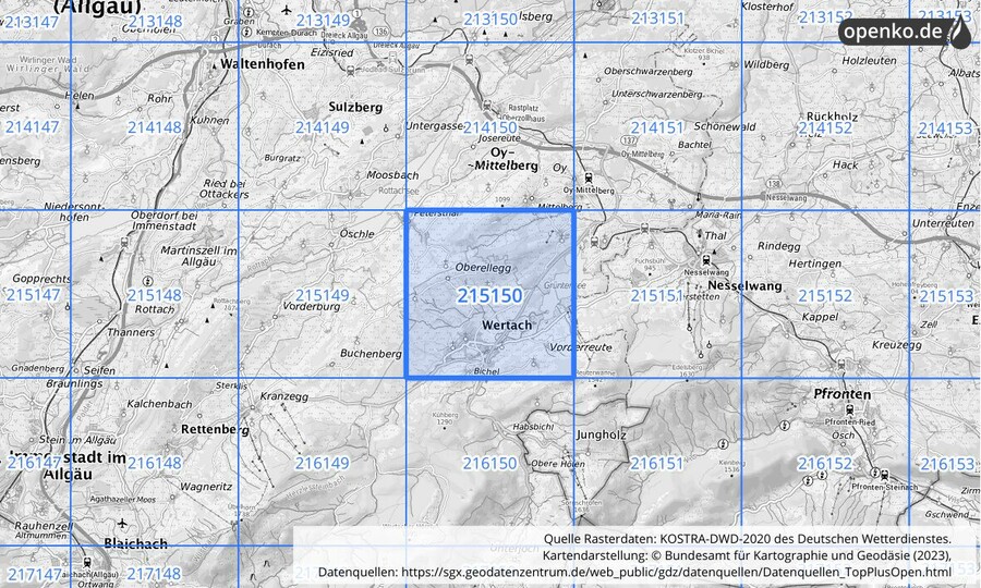 Übersichtskarte des KOSTRA-DWD-2020-Rasterfeldes Nr. 215150