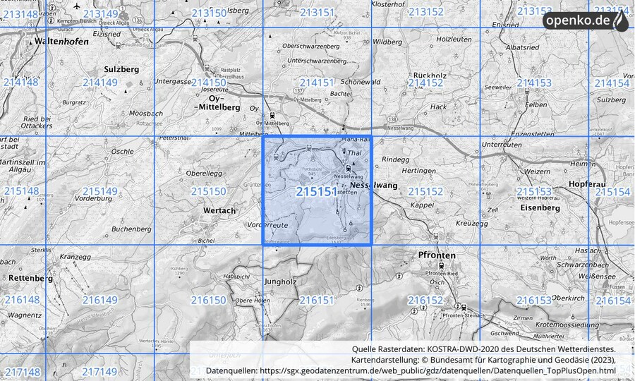 Übersichtskarte des KOSTRA-DWD-2020-Rasterfeldes Nr. 215151