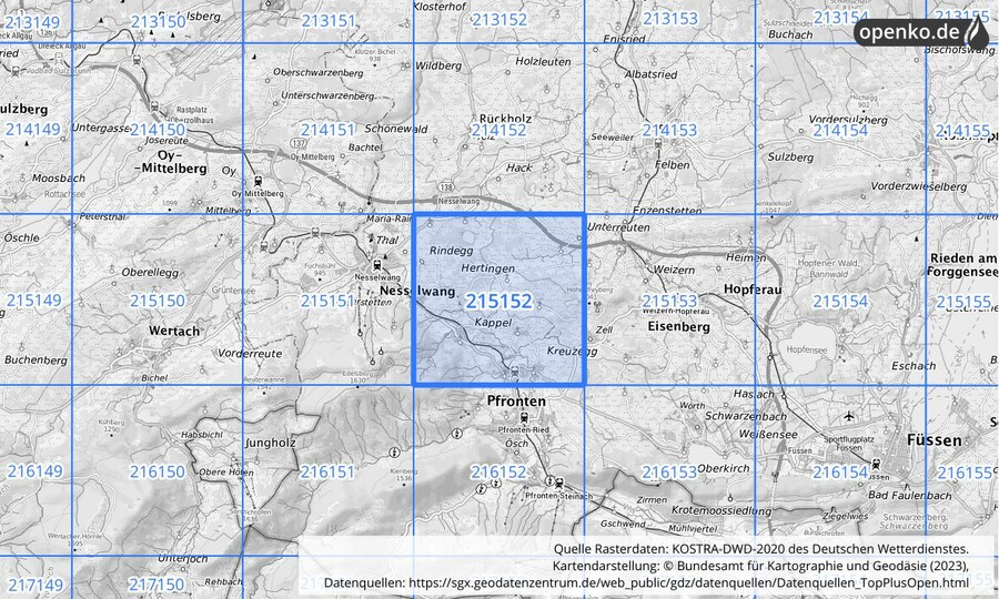 Übersichtskarte des KOSTRA-DWD-2020-Rasterfeldes Nr. 215152