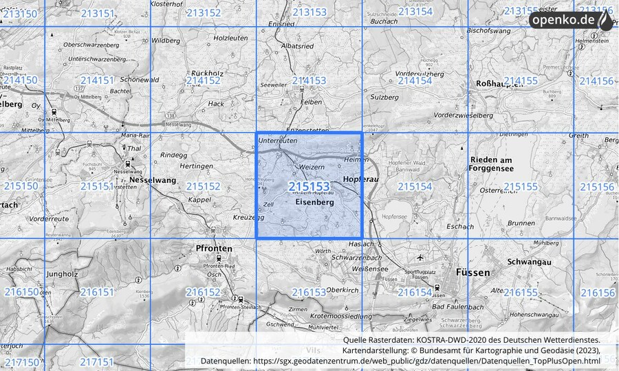 Übersichtskarte des KOSTRA-DWD-2020-Rasterfeldes Nr. 215153