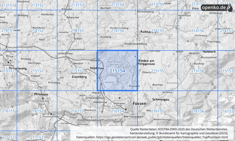 Übersichtskarte des KOSTRA-DWD-2020-Rasterfeldes Nr. 215154