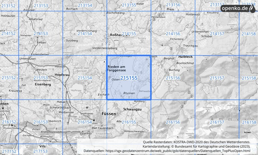 Übersichtskarte des KOSTRA-DWD-2020-Rasterfeldes Nr. 215155