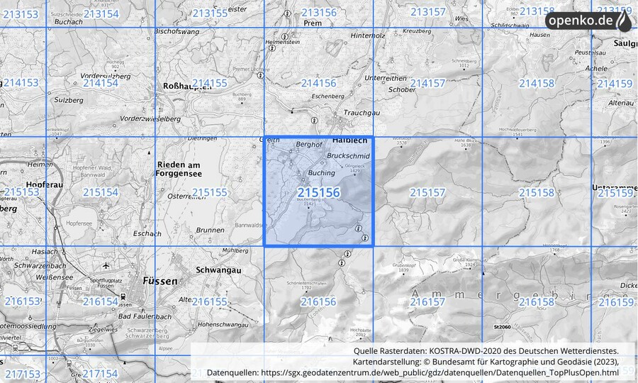 Übersichtskarte des KOSTRA-DWD-2020-Rasterfeldes Nr. 215156