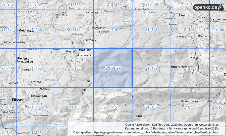 Übersichtskarte des KOSTRA-DWD-2020-Rasterfeldes Nr. 215157