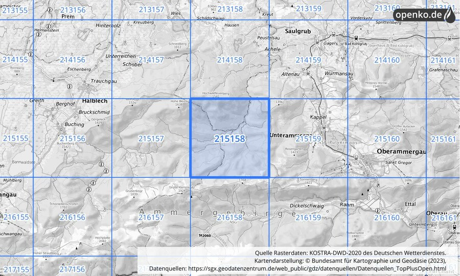 Übersichtskarte des KOSTRA-DWD-2020-Rasterfeldes Nr. 215158